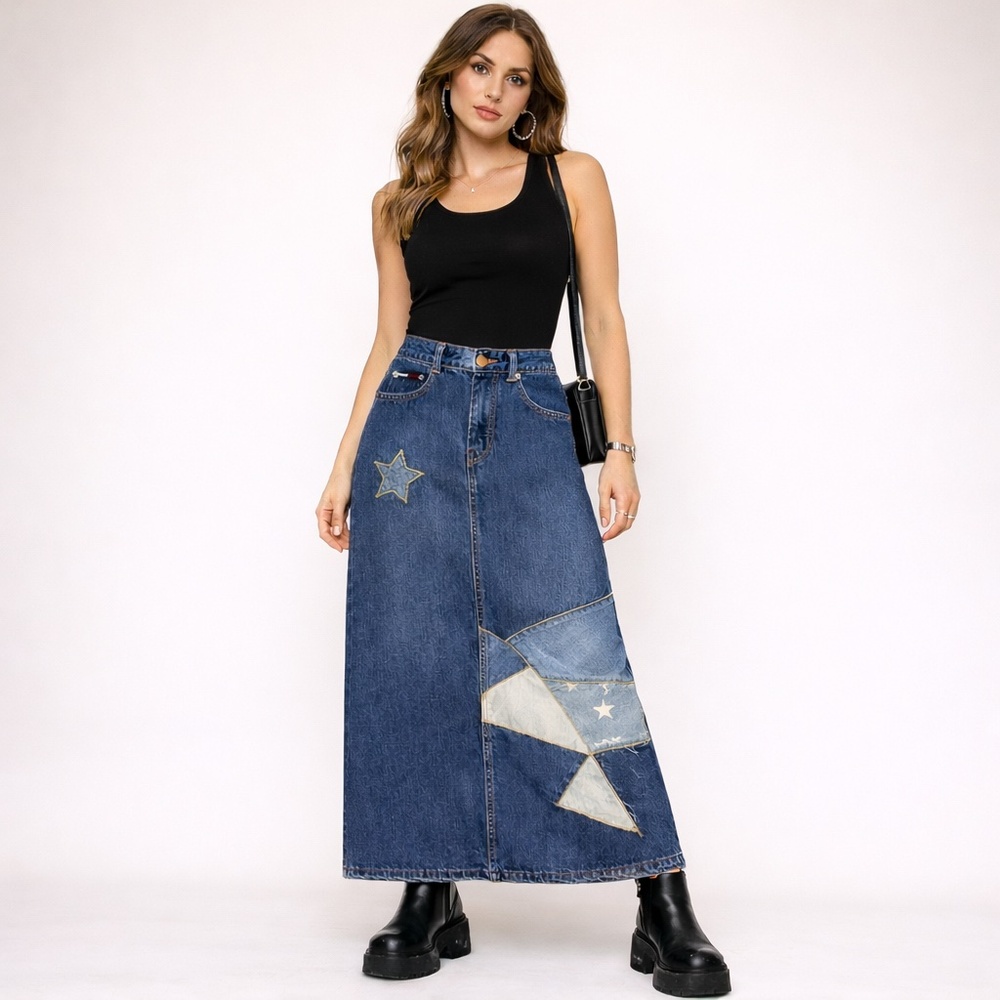 Tommy Hilfiger Patchwork Denim Maxi Skirt Star Panels Size 25 Y2K